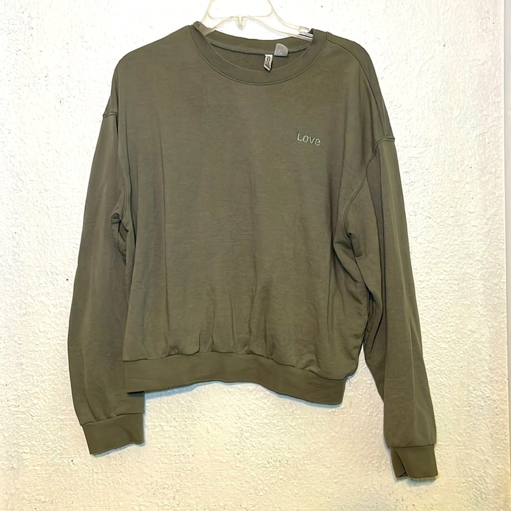 Divided sage green sweater with Love embroidered on the front size large